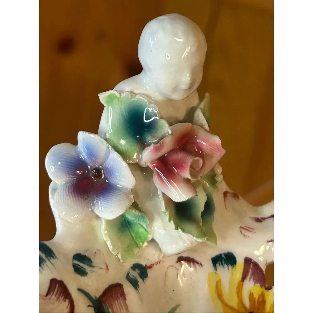Hand Painted Ceramic Footed Centerpiece Bowls Made In Italy w/Cherubs & Flowers